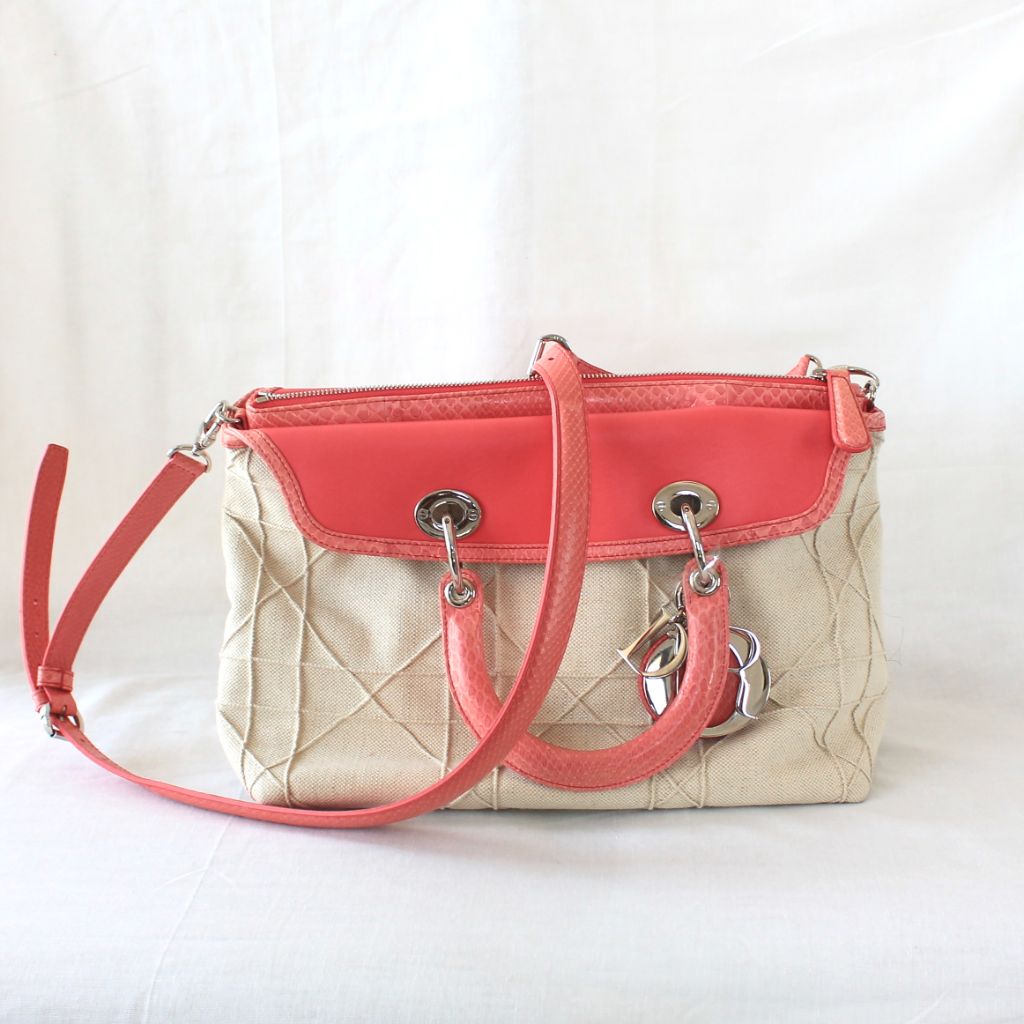 Christian Dior Granville handbag in beige canvas and pink python