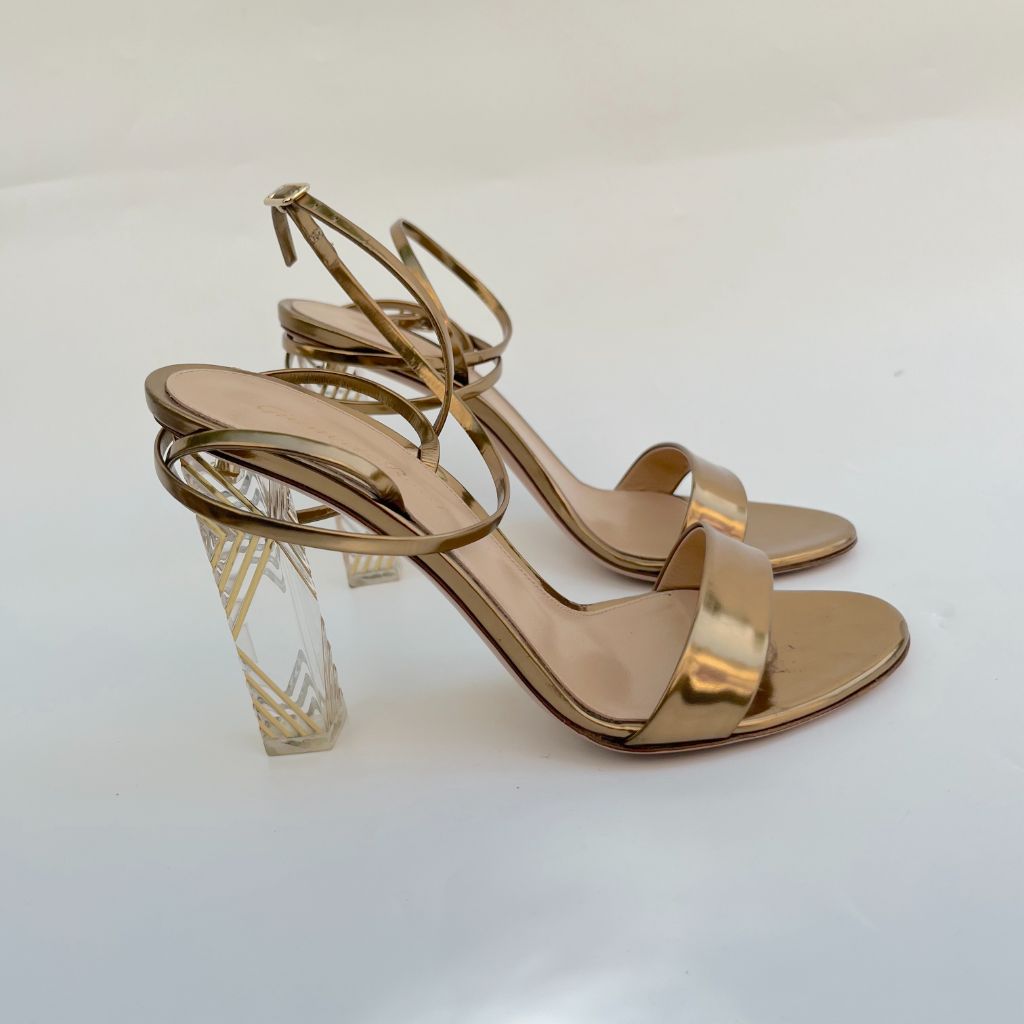 Gianvito Rossi gold sandal heels with clear block heel, 38
