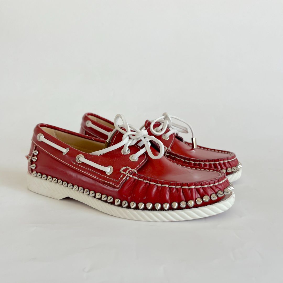 Christian Louboutin Red Leather Spike Boat Shoes, 36.5