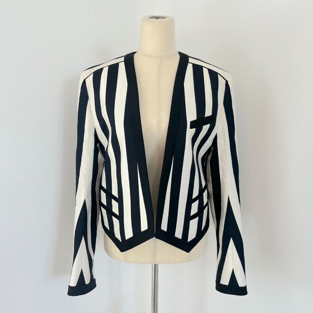 Balmain Monochrome Black & White Striped Open Front Blazer