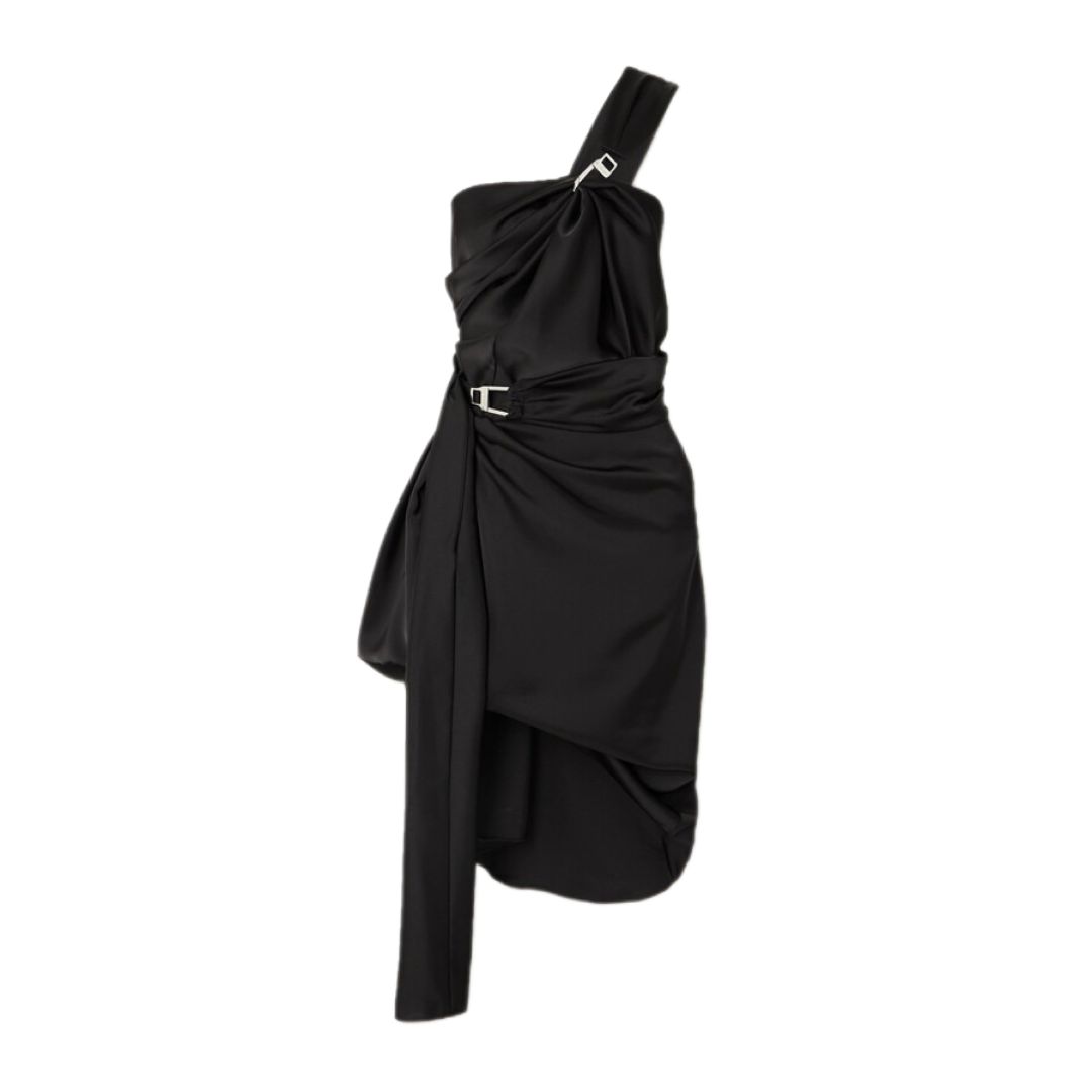 Attico Black Sateen Draped Clasp Detail One Shoulder Dress