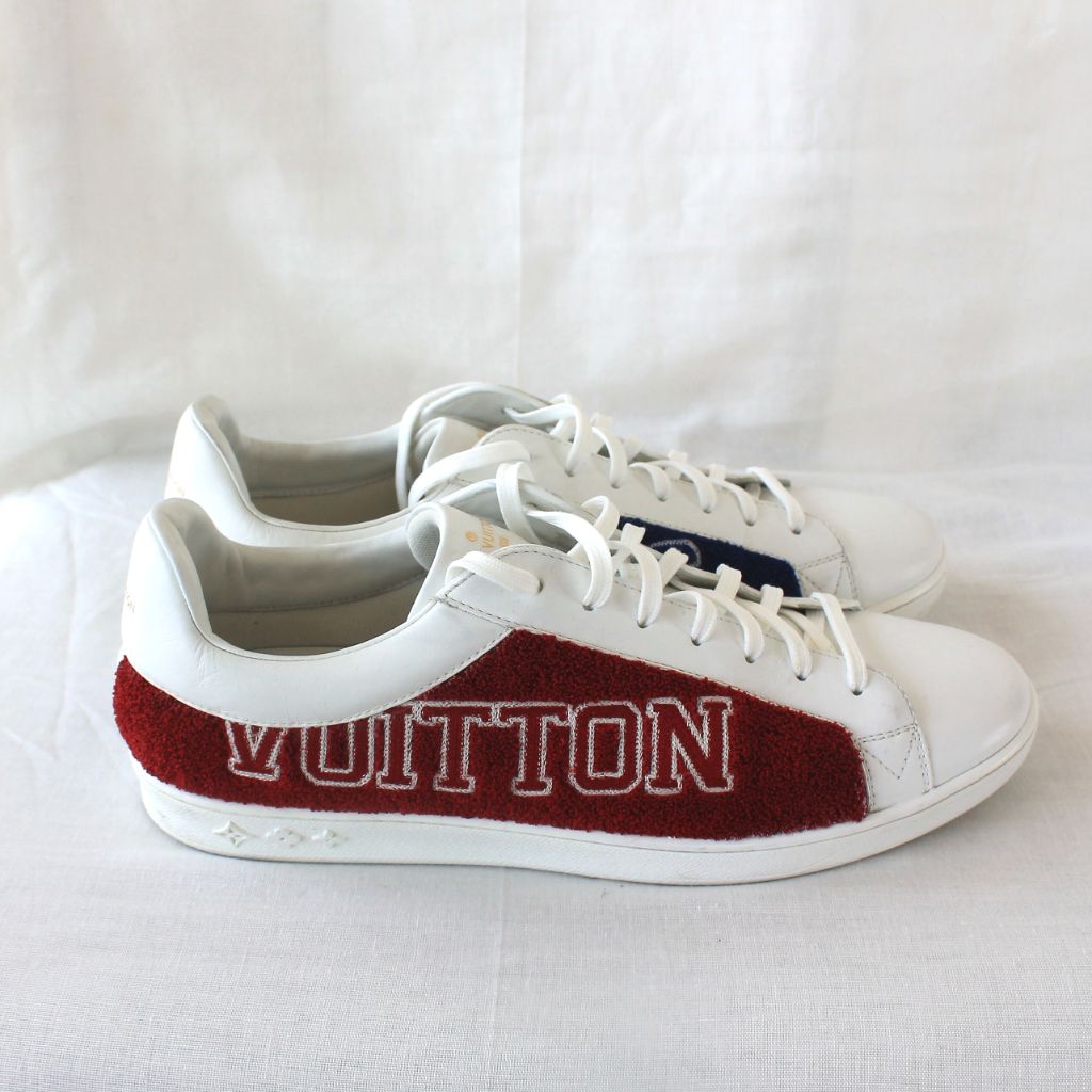 Louis Vuitton witeh leather and blue/red/white Terry Fabric Luxembourg Sneakers, UK10