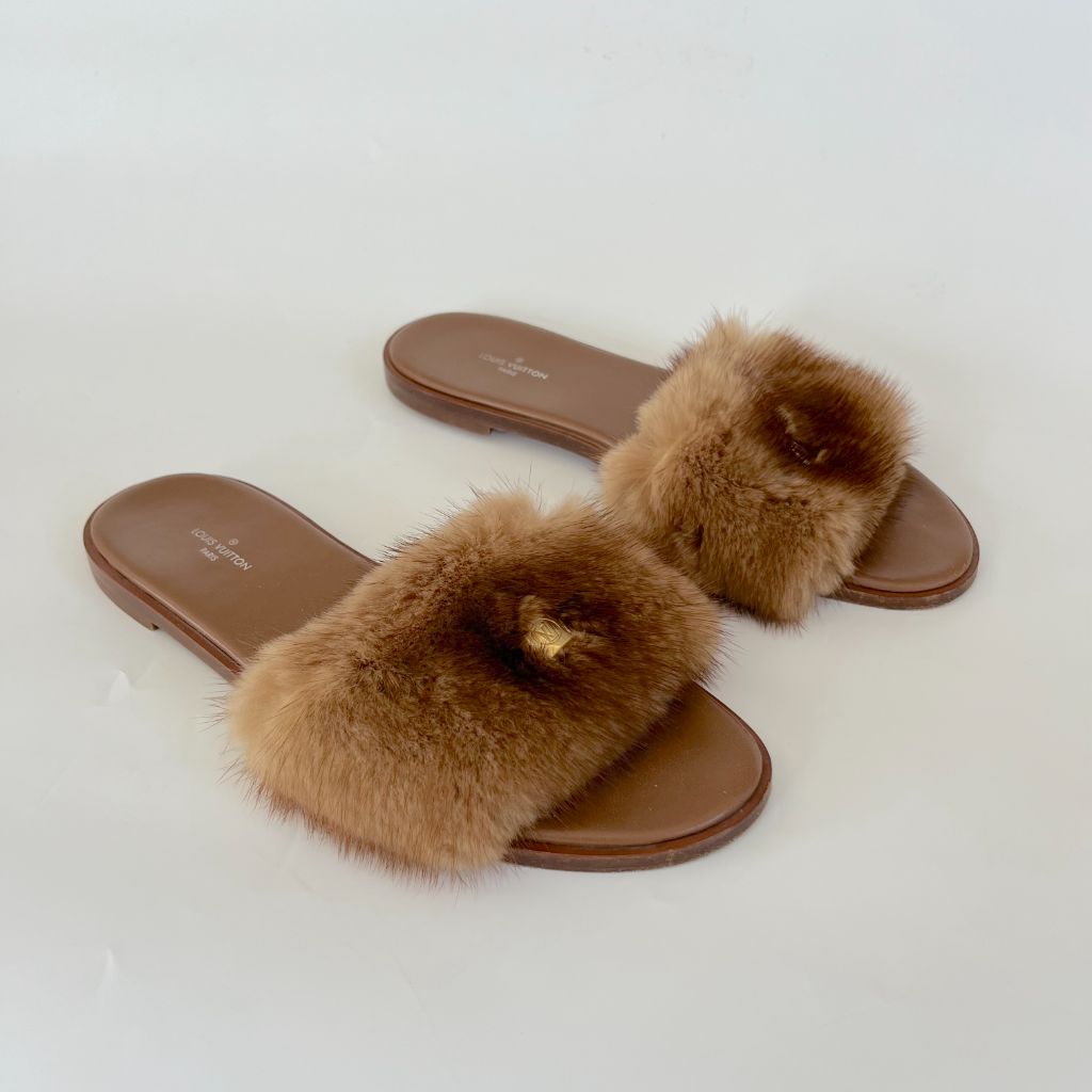 Louis Vuitton Brown Mink Fur Lock It Flat Slide Sandals, Size 39