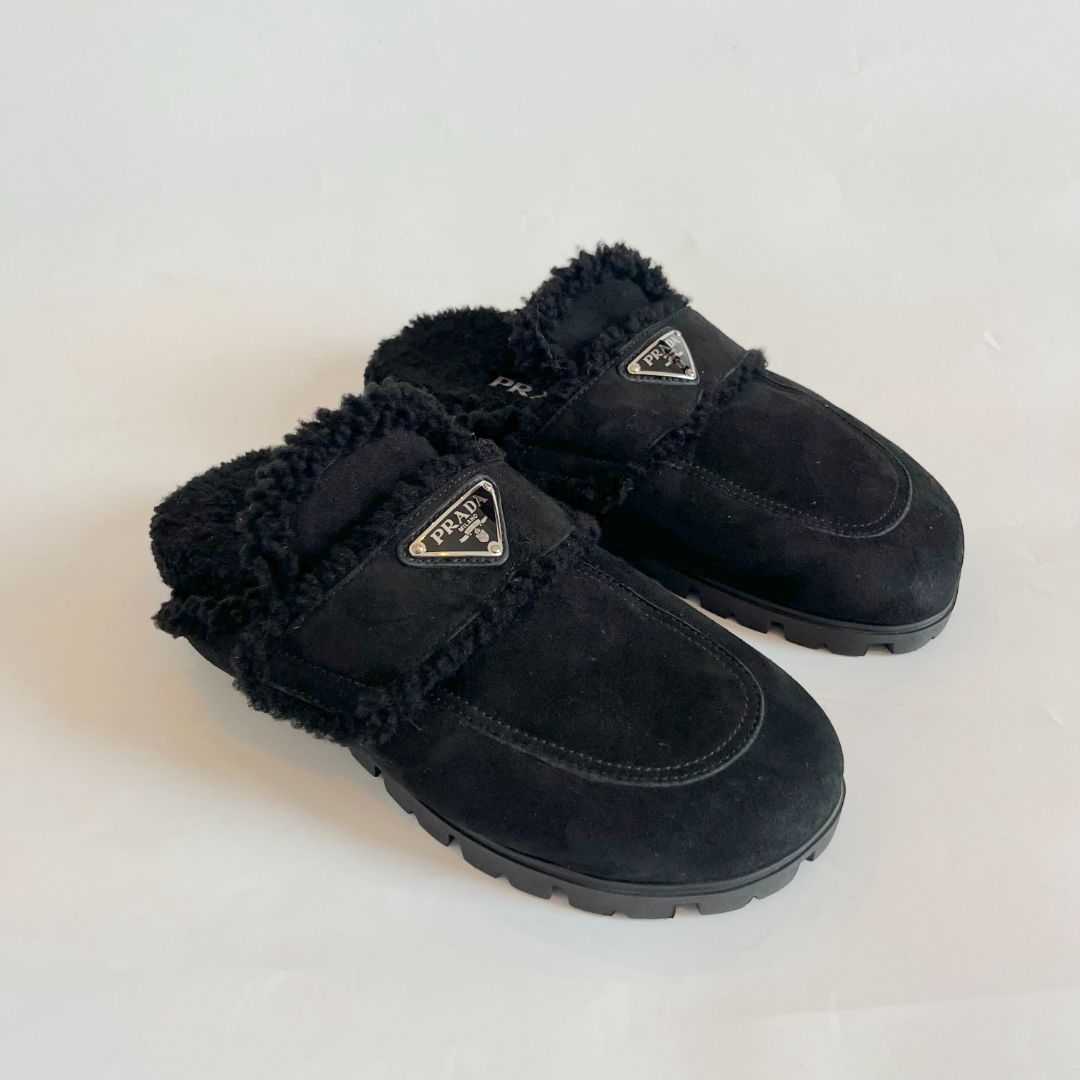 Prada Triangle Logo Shearling Slippers, 37