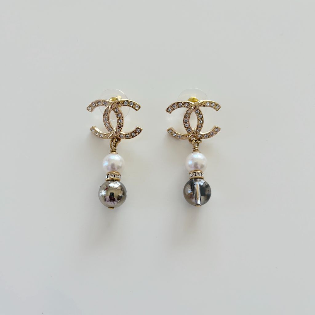 Chanel CC faux pearl crystal drop earrings