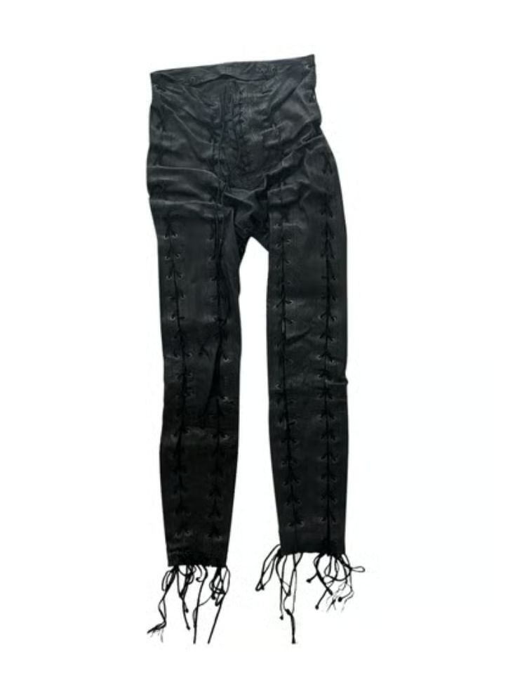 Unravel black leather slim pants with drawstring detail