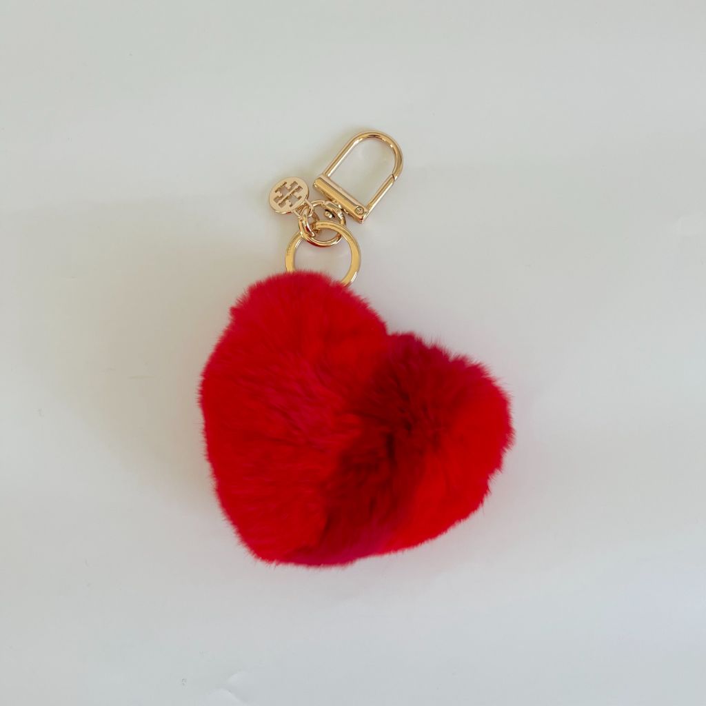 Tory Burch red rabbit fur heart shaped key chain