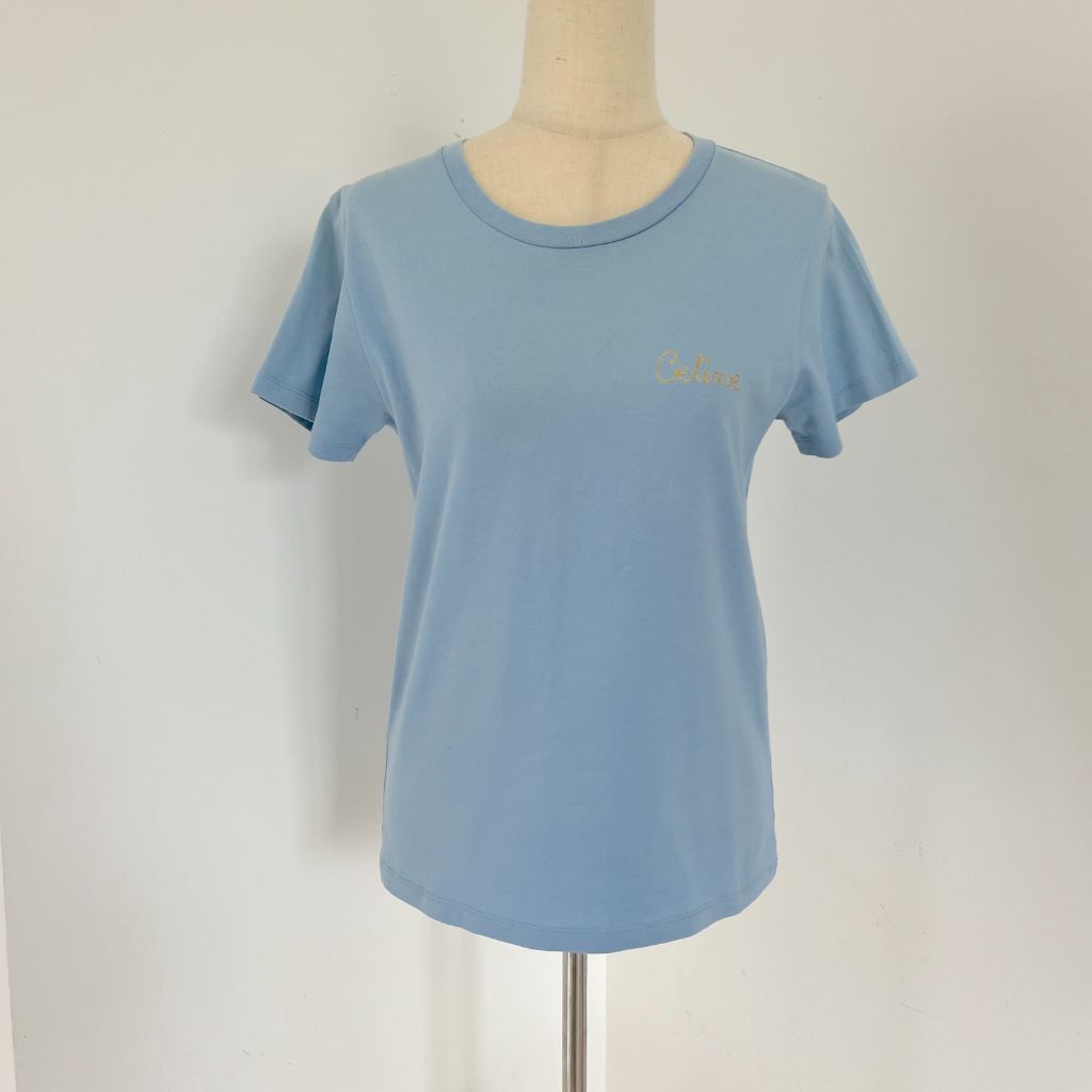 Celine Blue T-shirt with Cursive Embroidered Logo