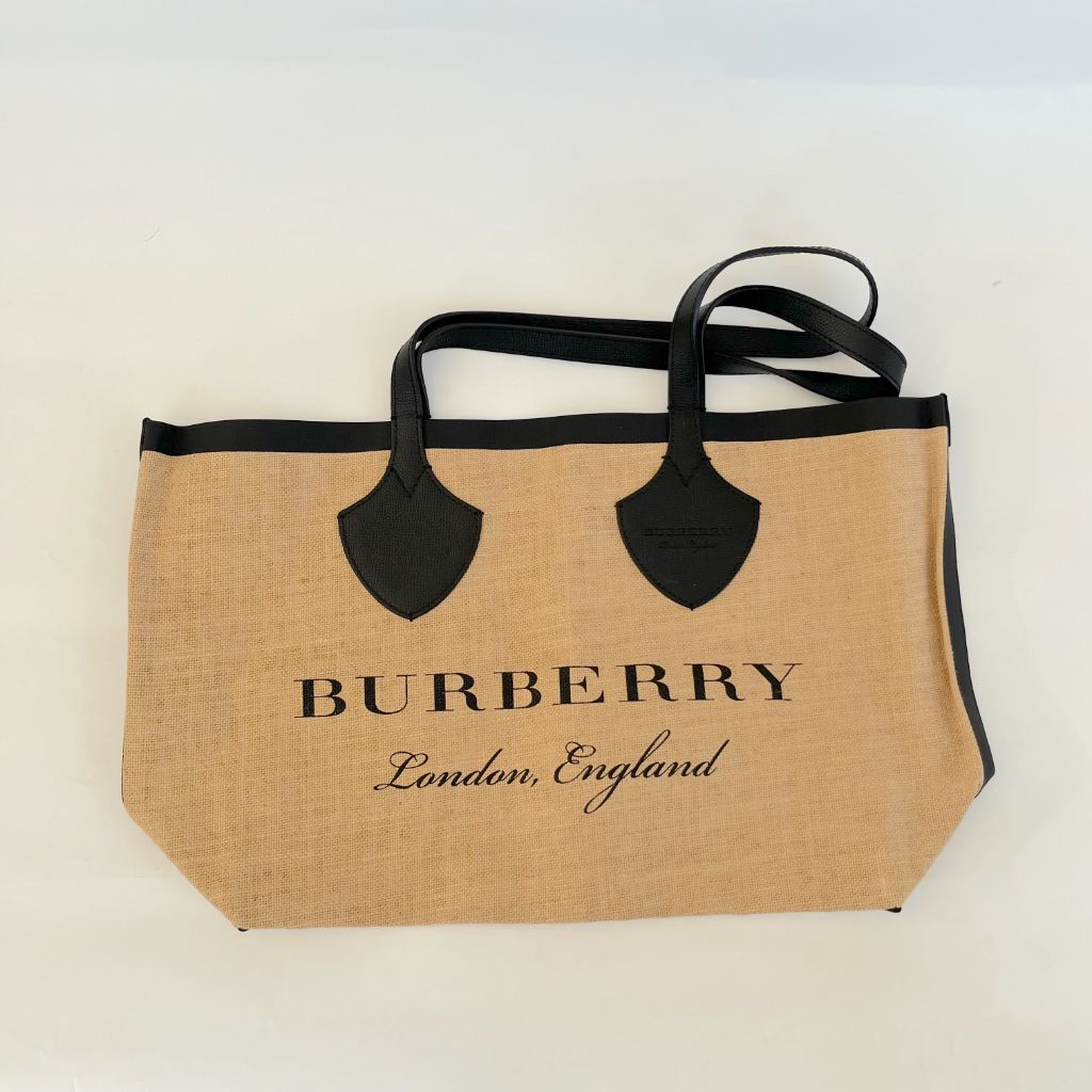 Burberry Raffia Logo Print Medium The Giant Reversible Tote Black