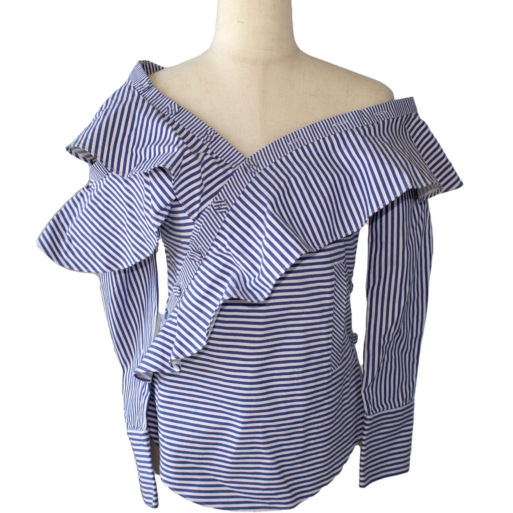 Self-Portrait Striped Asymmetric Ruffle Top