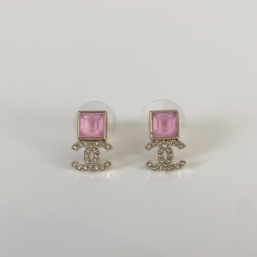Chanel pink square CC small drop earrings