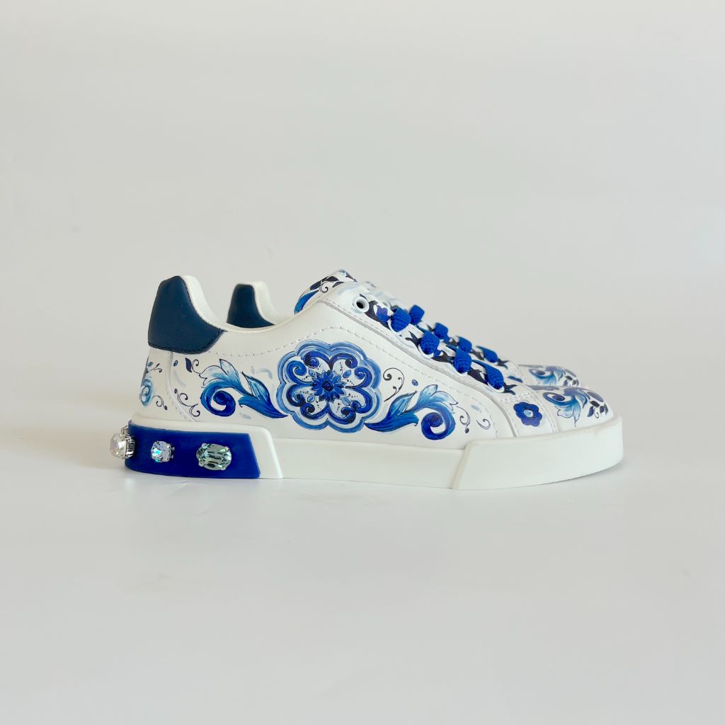 Dolce & Gabbana white Portofino Majolica- print sneakers, kids 32