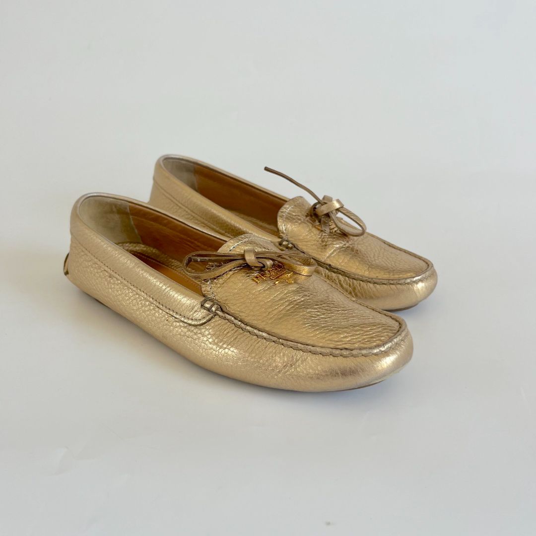 Prada gold textured leather loafer flats, 38.5