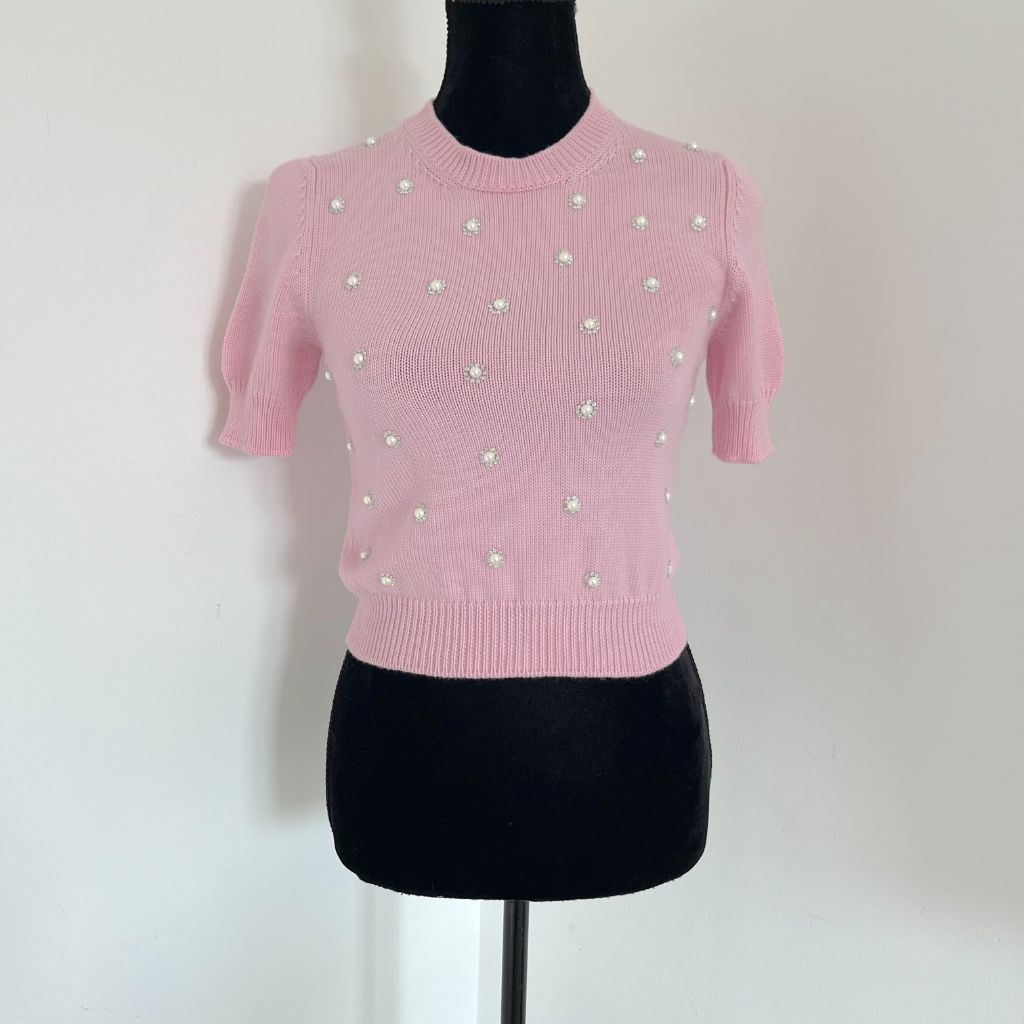 Miu Miu Pink Knitted Pearl and Crystal Embellished Top