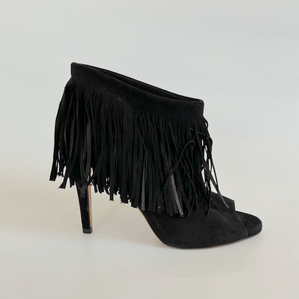 Jimmy Choo black suede peep toe fringe boots, 38