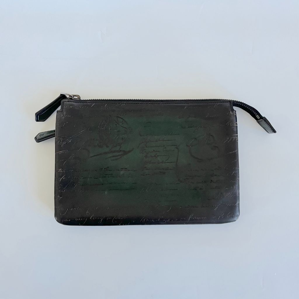 Berluti green/black script top zip rectangle pouch