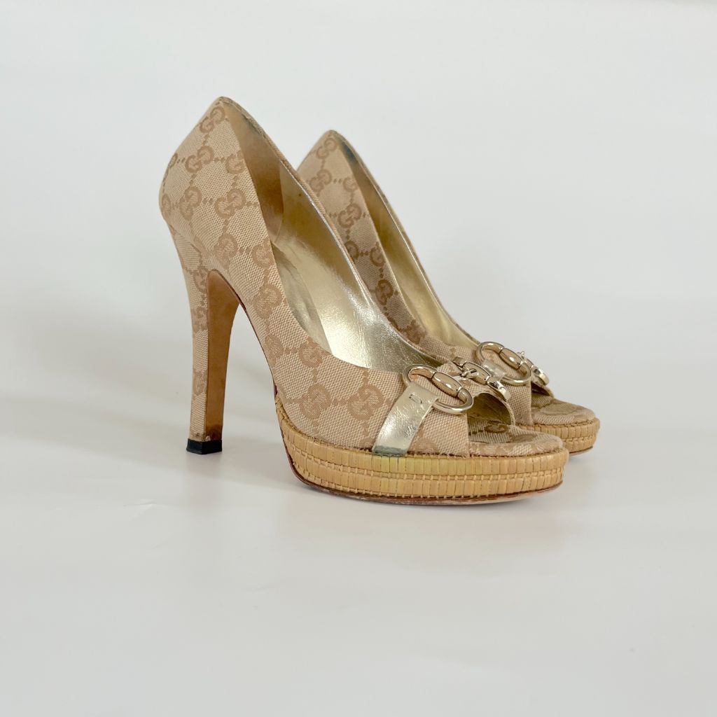 Gucci Guccisima canvas beige peep toe horse bit pumps, 36C