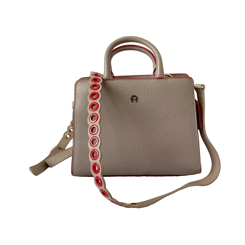 Aigner Cybill dusty beige tote bag red trim with studded strap - BOPF | Business of Preloved Fashion