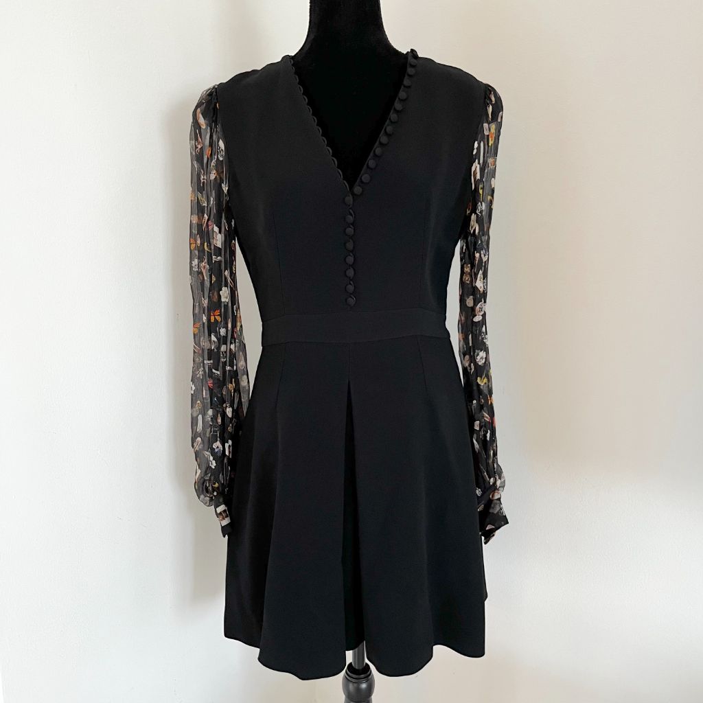 Alexander McQueen Black V Neck Dress with Buttons and Sheer Printed Sleeves - BOPF | Business of Preloved Fashion