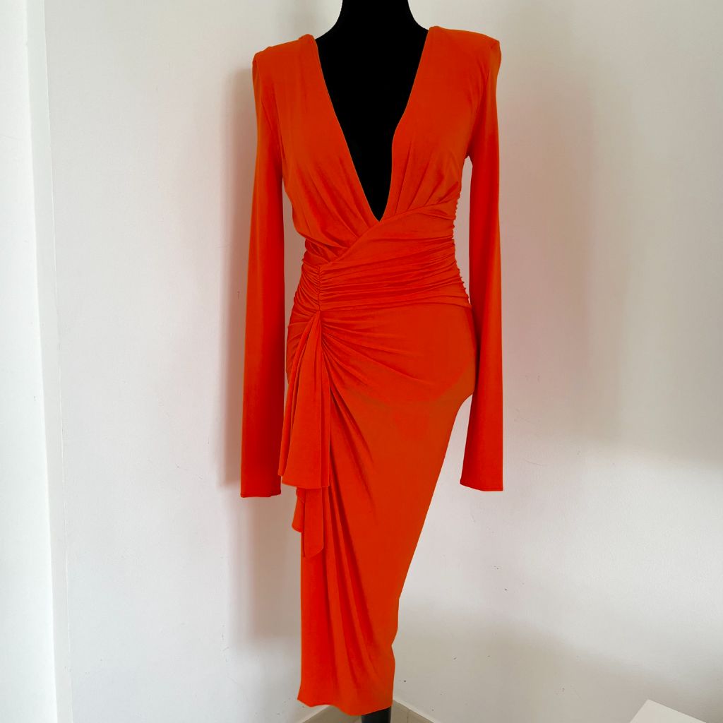 Alexandre Vauthier Orange Pleated Long Sleeve Low V Neck Dress - BOPF | Business of Preloved Fashion