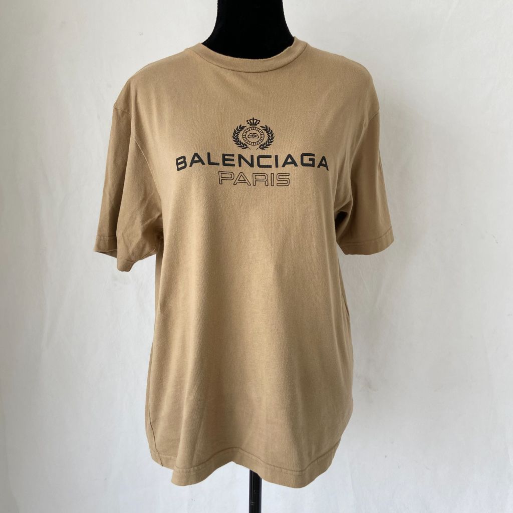 Balenciaga Tan Knitted T-shirt With Black Logo - BOPF | Business of Preloved Fashion