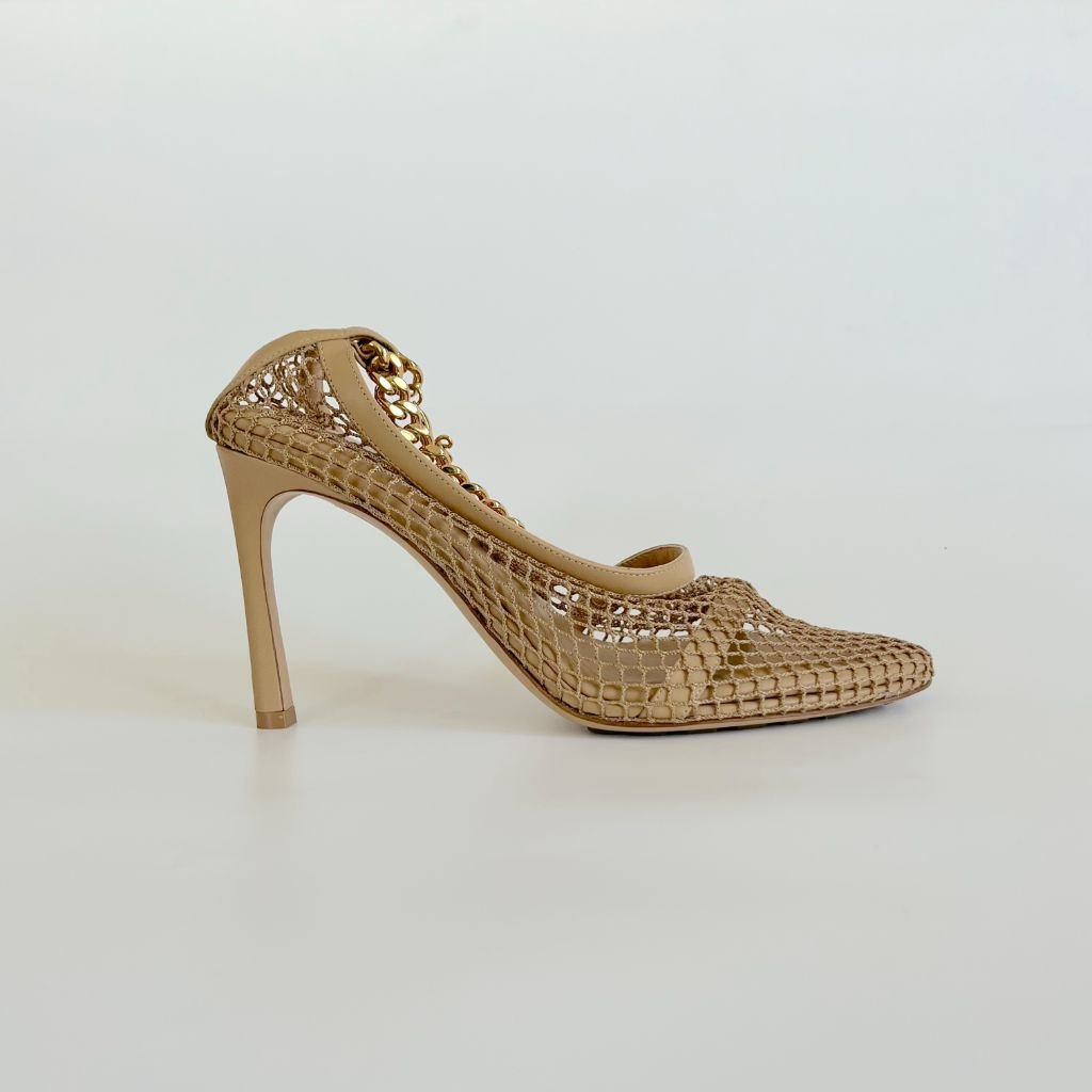 Bottega Veneta Beige Net Almond Toe Gold Chain Detail Heels, 37.5 - BOPF | Business of Preloved Fashion