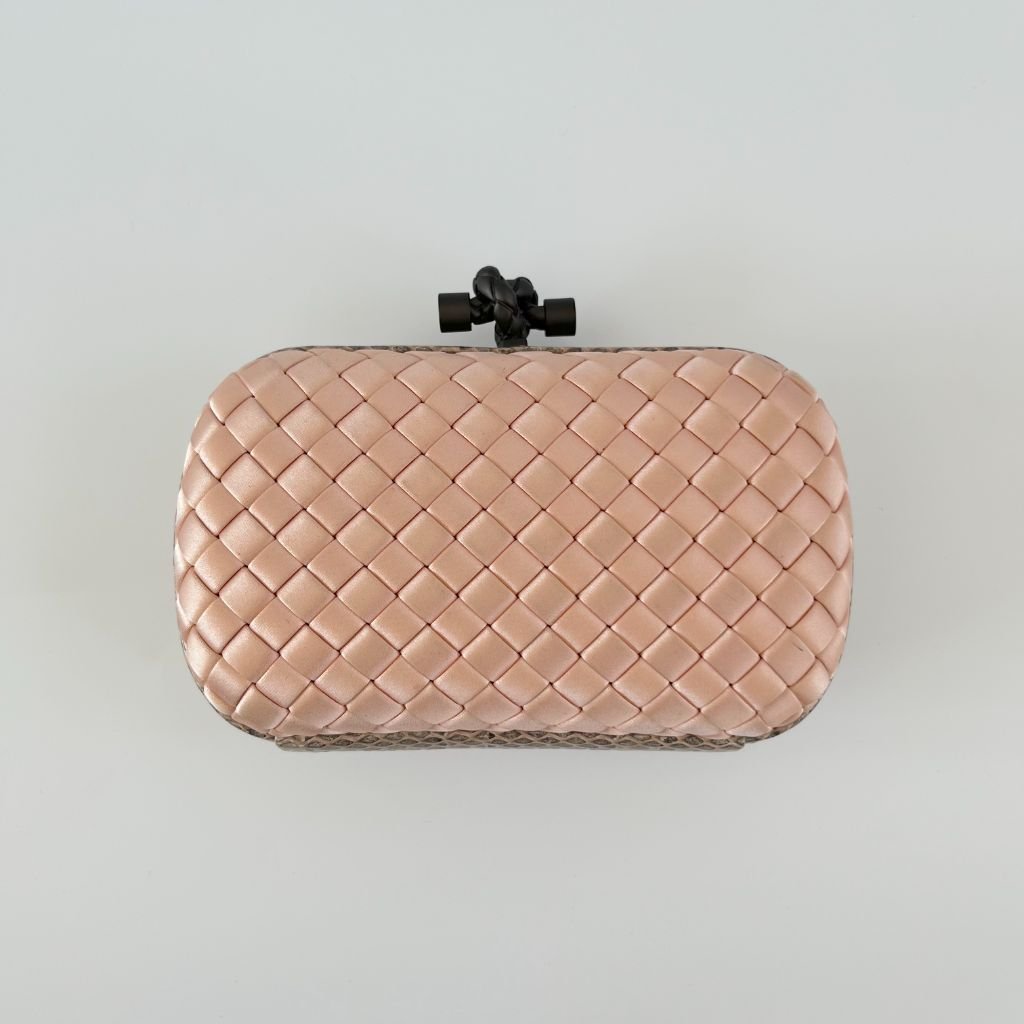 Bottega Veneta Pink intrecciato Satin and Python Trim knot Clutch - BOPF | Business of Preloved Fashion