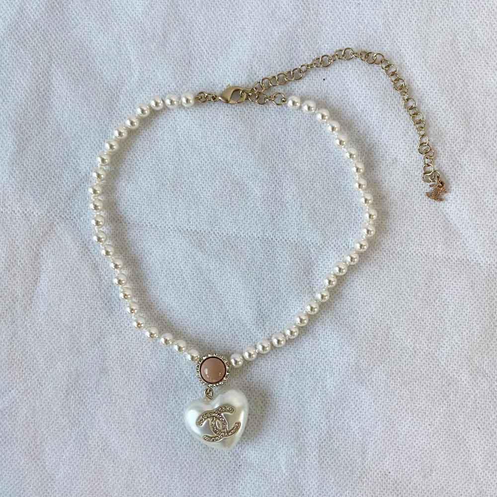 Chanel 21B Heart Pink Pearl White Crystal CC Necklace - BOPF | Business of Preloved Fashion