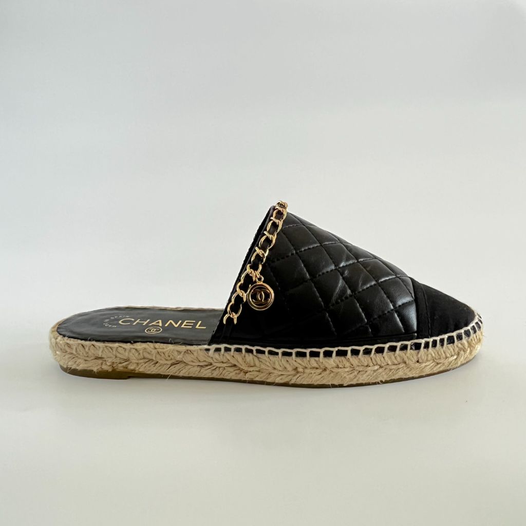 Chanel Black Espadrille Mules With Chain Detail, 39 - BOPF | Business of Preloved Fashion