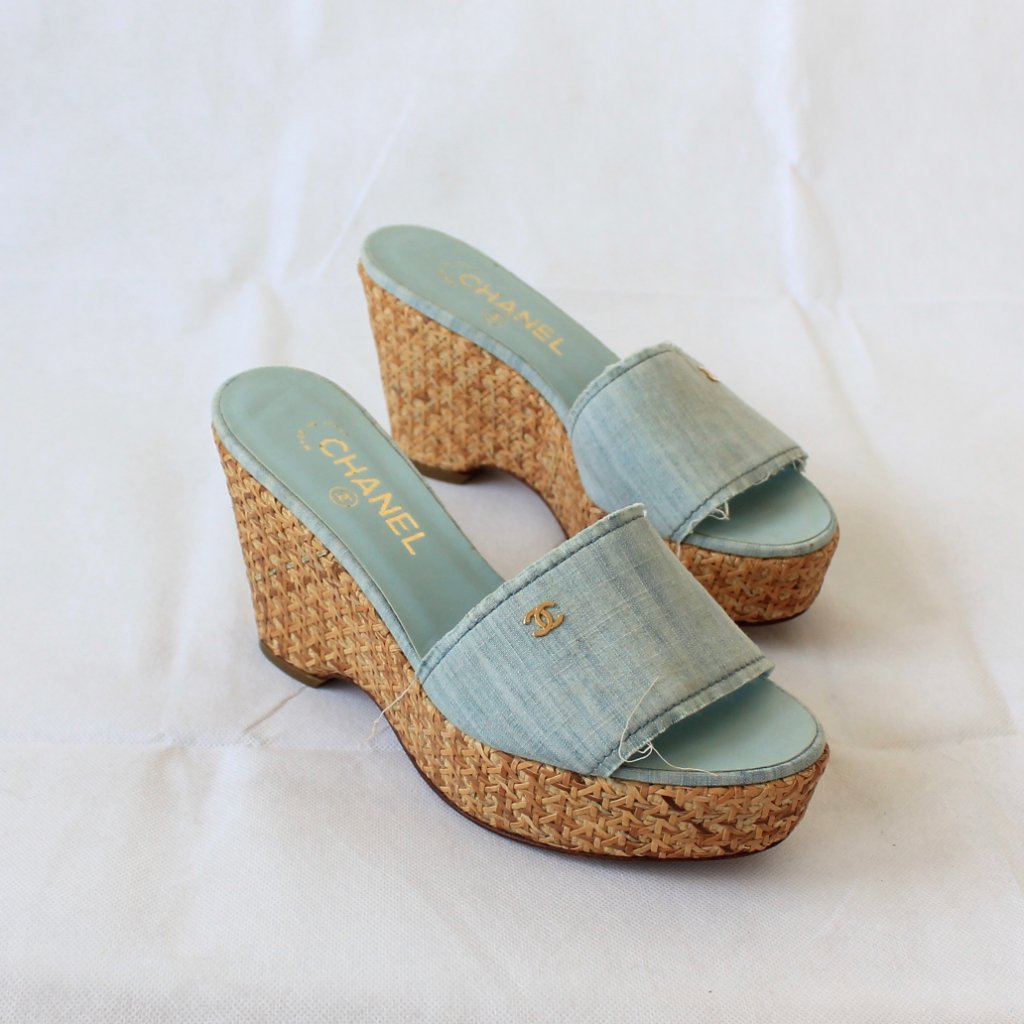 Chanel Blue Denim Open Toe Raffia Wedge Slide Sandals, 37 - BOPF | Business of Preloved Fashion