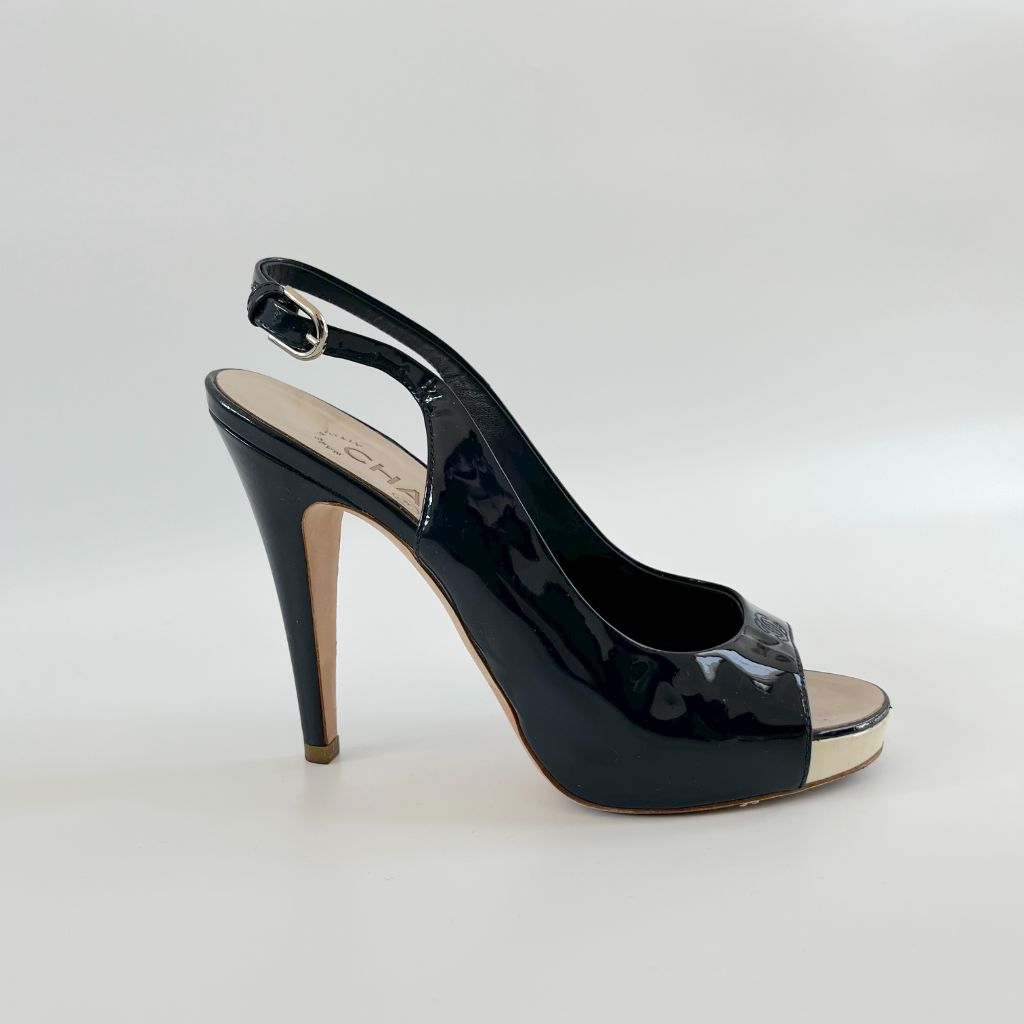 Chanel Dark Blue Patent Leather Slingback Pumps, 37 - BOPF | Business of Preloved Fashion