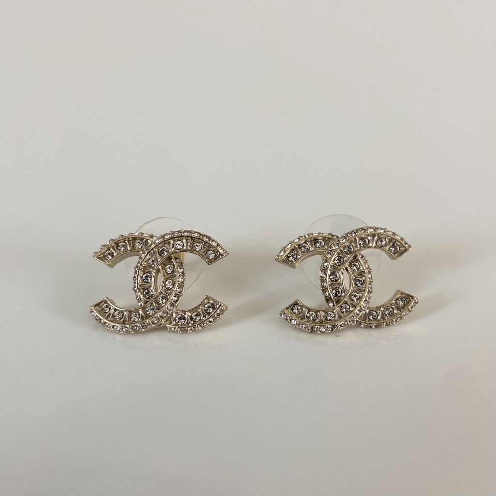 Chanel Light Gold Tone Earrings With Crystals - BOPF | Business of Preloved Fashion