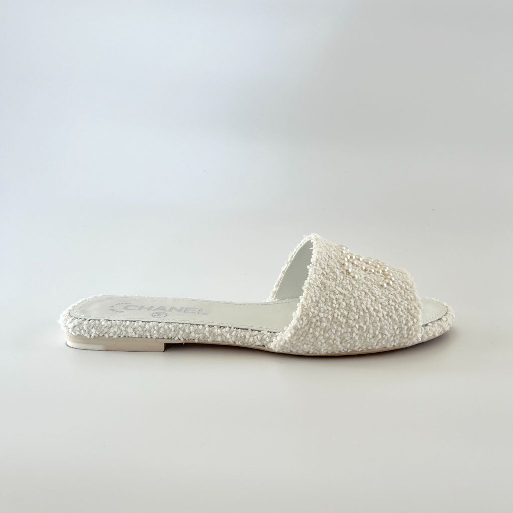 Chanel white tweed slide mules, 38.5C - BOPF | Business of Preloved Fashion