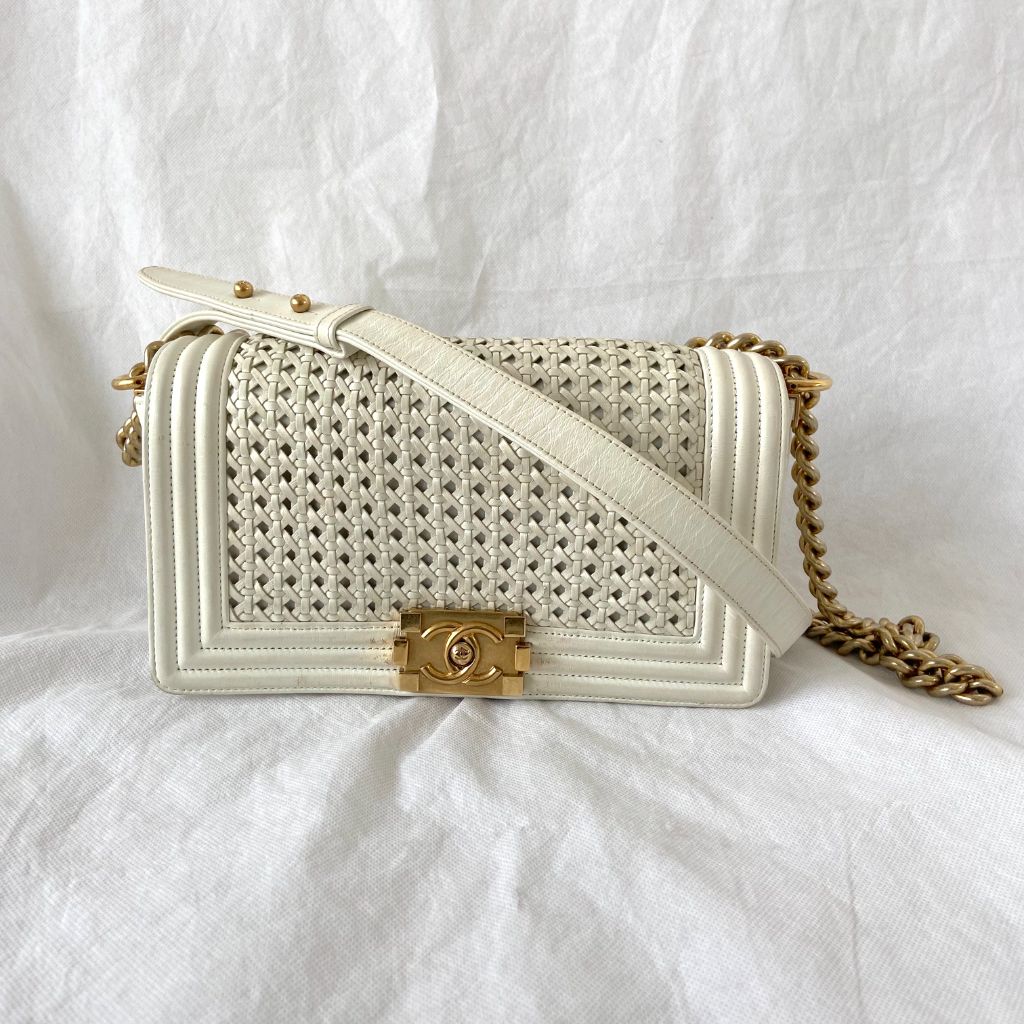 Chanel White/Gold Woven Leather Small Reverso Boy Flap Bag - BOPF | Business of Preloved Fashion