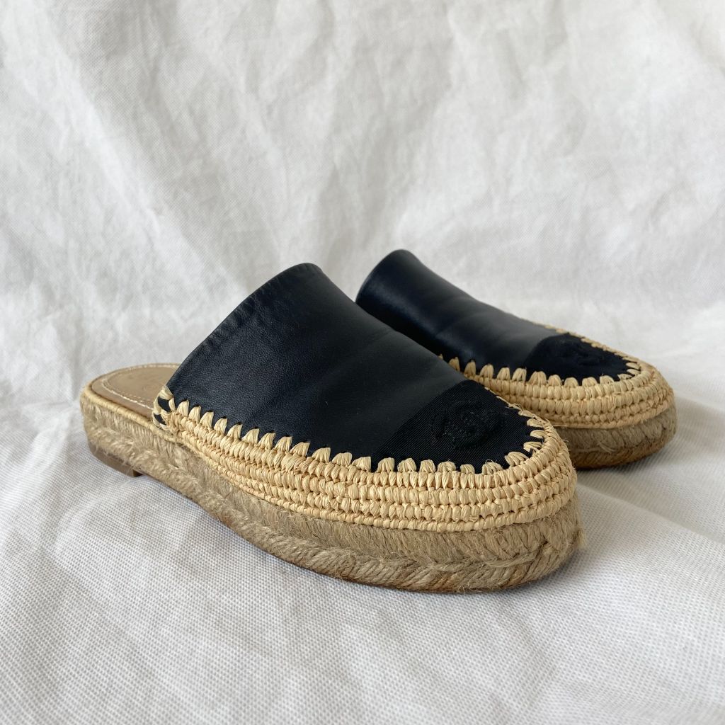 Chanel woven espadrille mules with black leather and CC stitch detail, 37 - BOPF | Business of Preloved Fashion