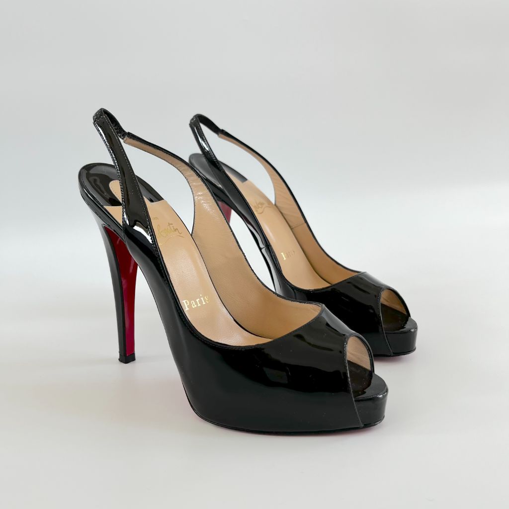 Christian Louboutin Black Patent Leather Peep Toe Slingback Pumps, 37 - BOPF | Business of Preloved Fashion