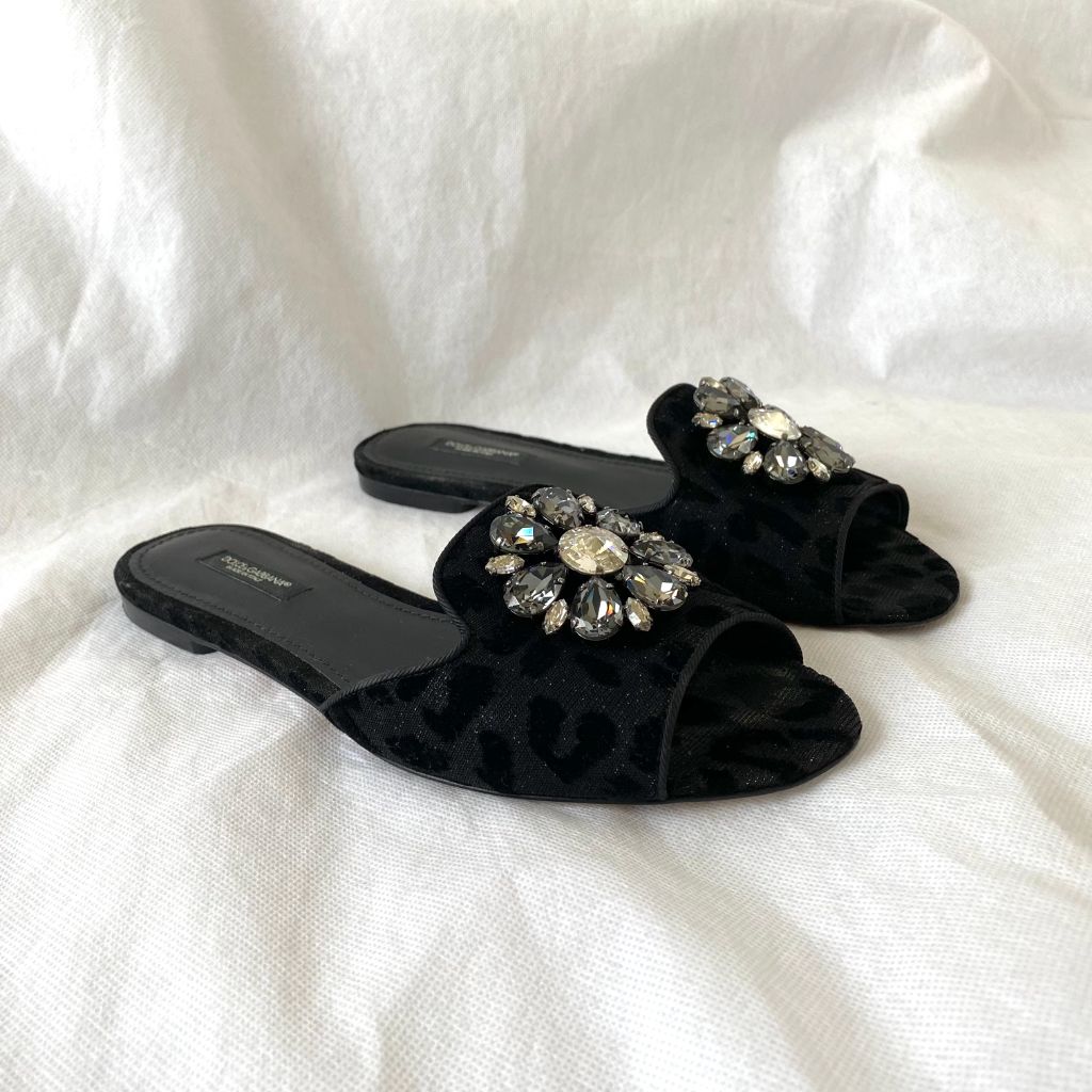 Dolce & Gabbana leopard print canvas crystal embellished flat slides, 38 - BOPF | Business of Preloved Fashion