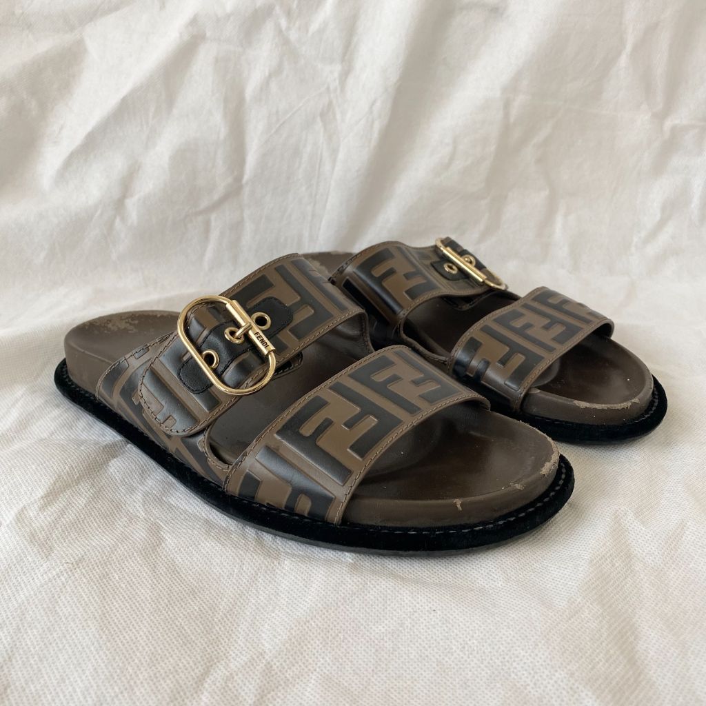 Fendi brown leather FF buckle slides, 38 - BOPF | Business of Preloved Fashion
