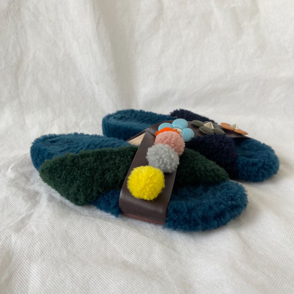 Fendi fur criss cross slides with pom pom embellishments and floral applique, 38 - BOPF | Business of Preloved Fashion