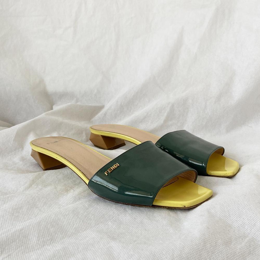 Fendi square toe slides green and yellow, 40 - BOPF | Business of Preloved Fashion