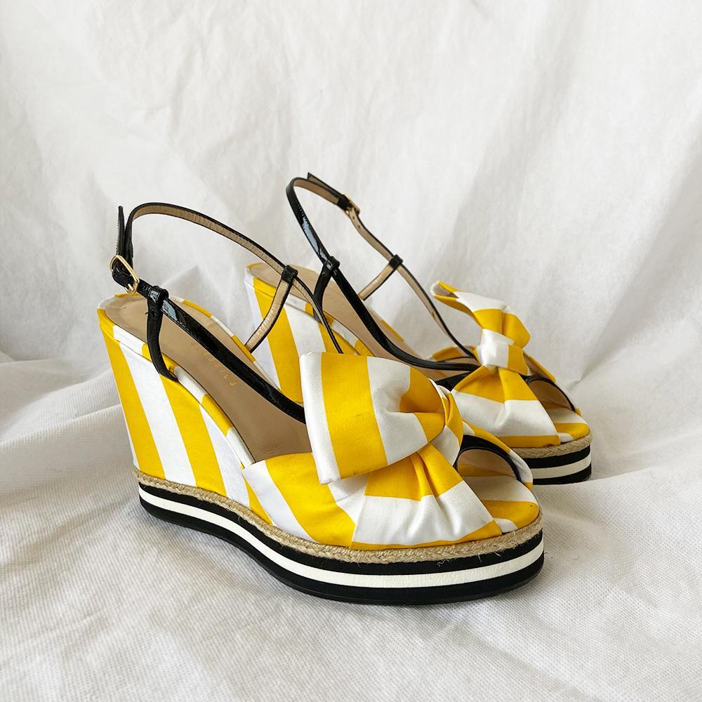 Giannico Satin Yellow and White Striped Wedge Sandals, 38 - BOPF | Business of Preloved Fashion