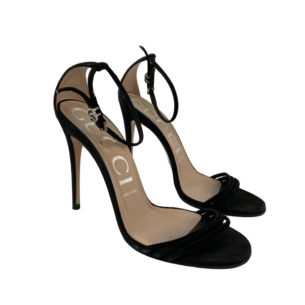 Gucci Black GG Crystal Logo High Heel Suede Sandals, 38 - BOPF | Business of Preloved Fashion