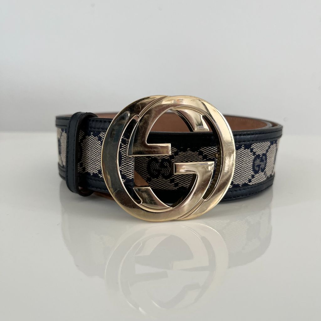 Gucci Black/Grey GG Canvas and Leather Interlocking G Buckle Belt - BOPF | Business of Preloved Fashion