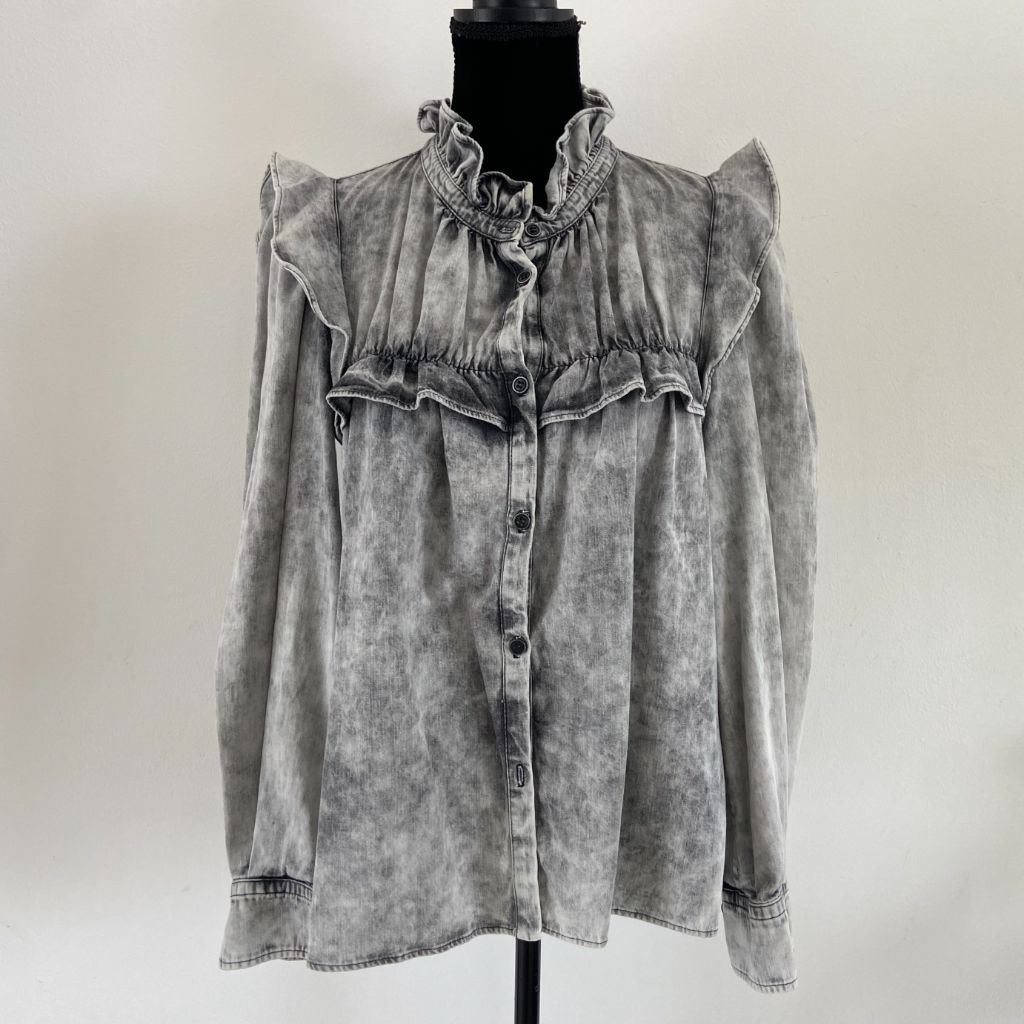 Isabel Marant Gray Idety Oversized Ruffled Acid-wash Denim Shirt - BOPF | Business of Preloved Fashion