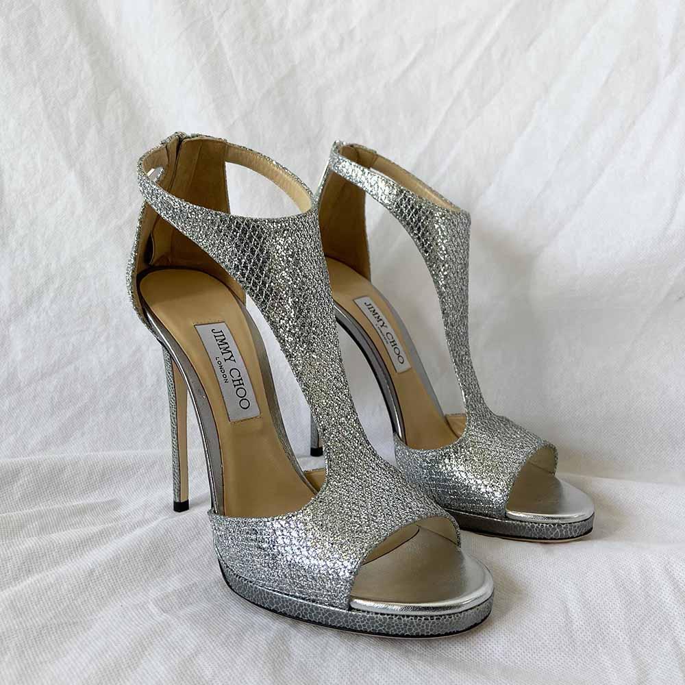 Jimmy Choo Silver Glitter ‘Lana’ T-Strap 100mm Sandals, 41 - BOPF | Business of Preloved Fashion