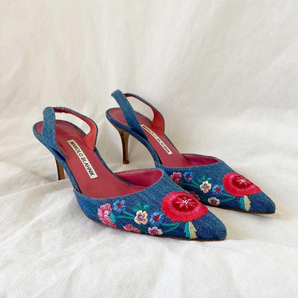 Manolo Blahnik Fauna Floral Denim pumps, 36.5 - BOPF | Business of Preloved Fashion