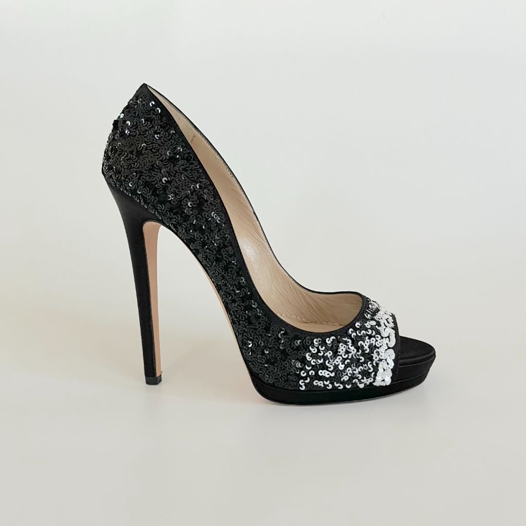 Oscar De La Renta black and white sequin peep toe platform pumps, 40.5 - BOPF | Business of Preloved Fashion