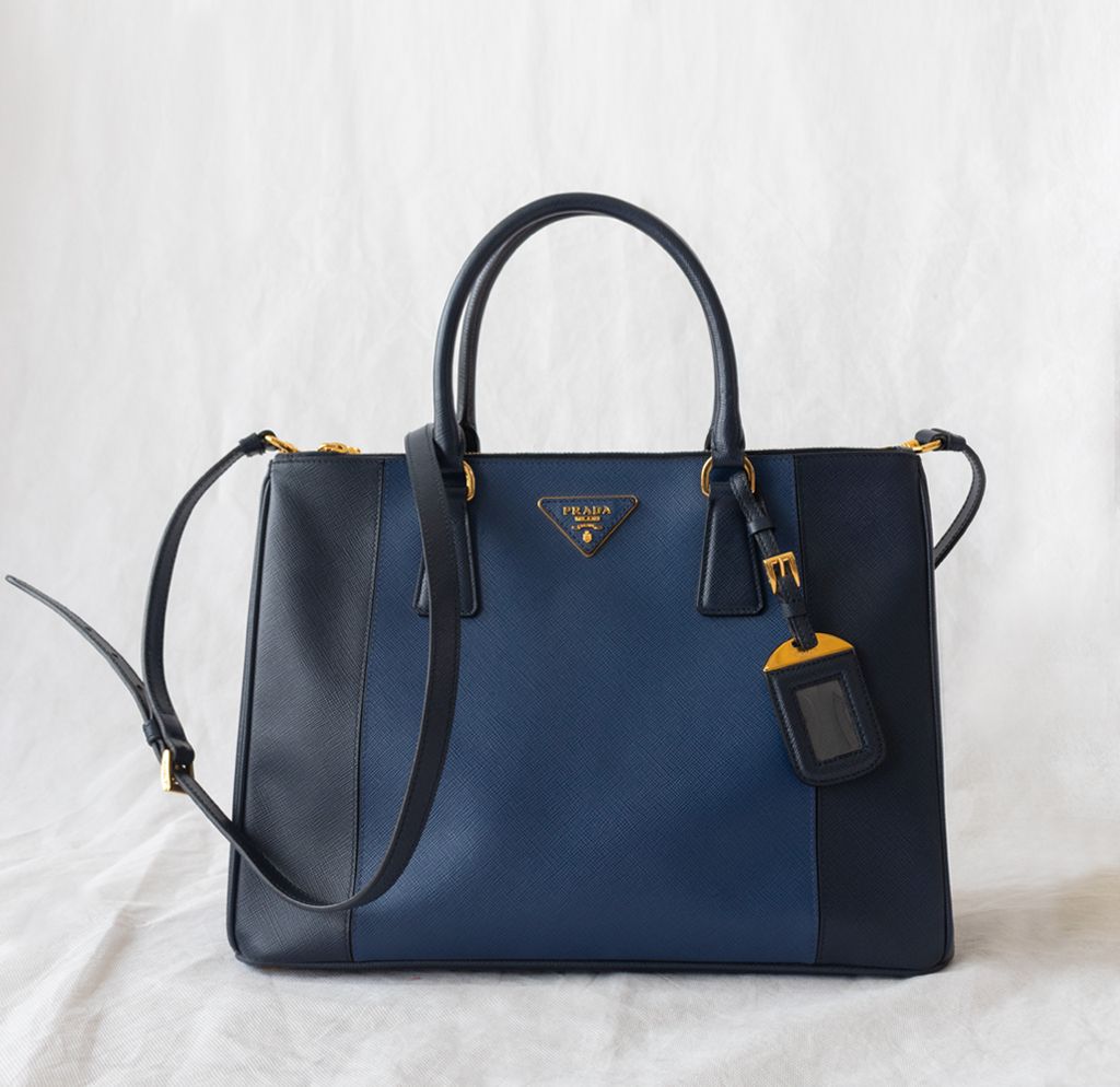 Prada Blue Bicolor Saffiano Lux Leather Medium Galleria Double Zip Tot - BOPF | Business of Preloved Fashion