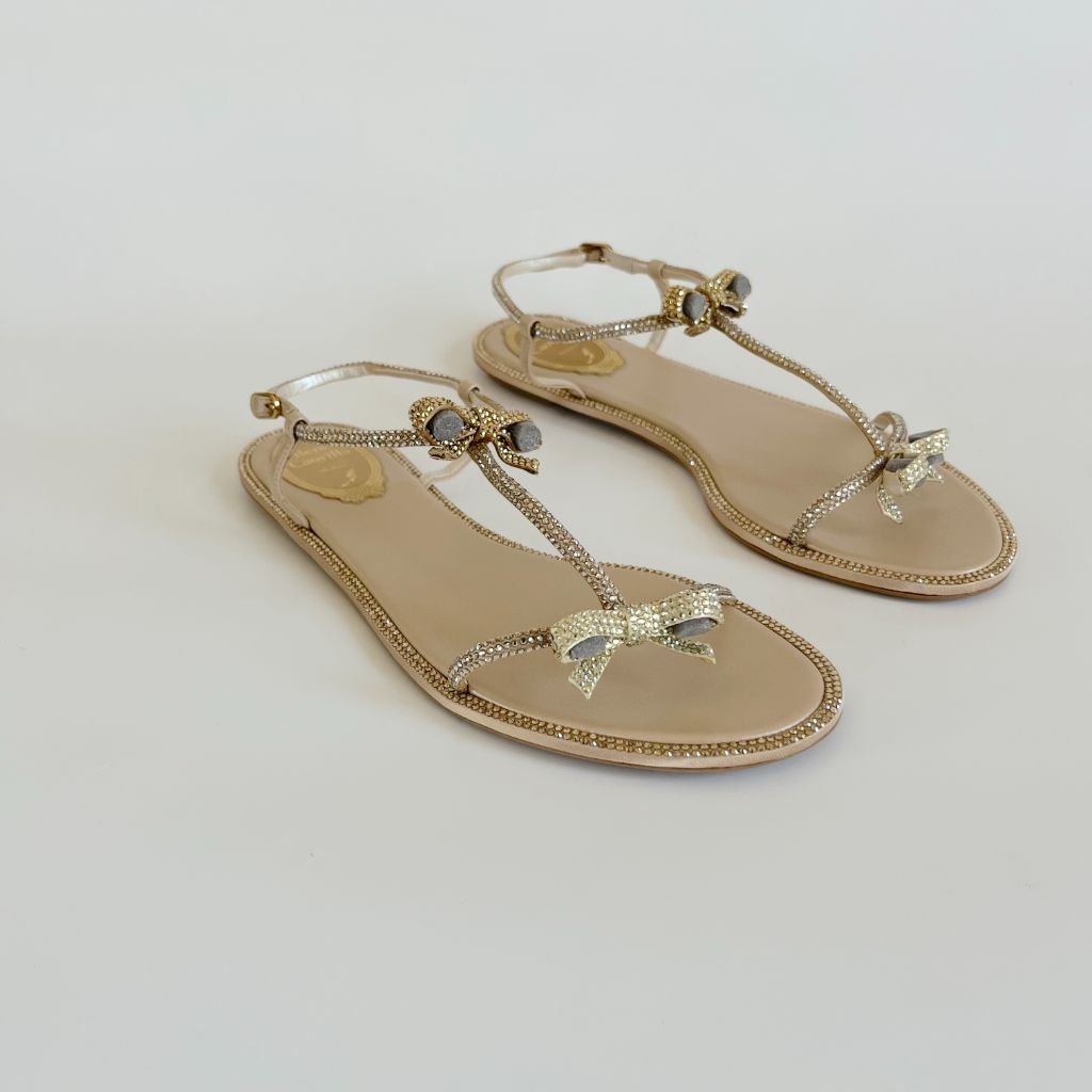 René Caovilla Caterina Double Bow Flat Sandals, 38 - BOPF | Business of Preloved Fashion