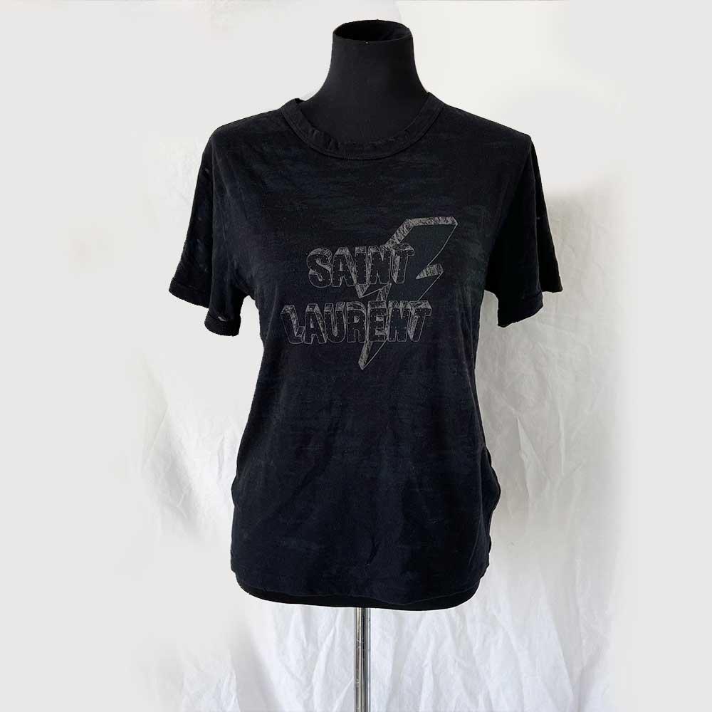 Saint Laurent Paris Charcoal Grey Logo Printed Cotton Distressed Crewneck T-Shirt - BOPF | Business of Preloved Fashion